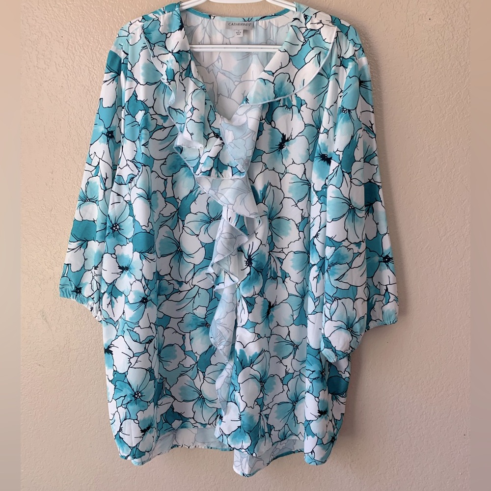 Catherine’s Floral Teal White Ruffle Detail Cottagecore Blouse Size 3X
